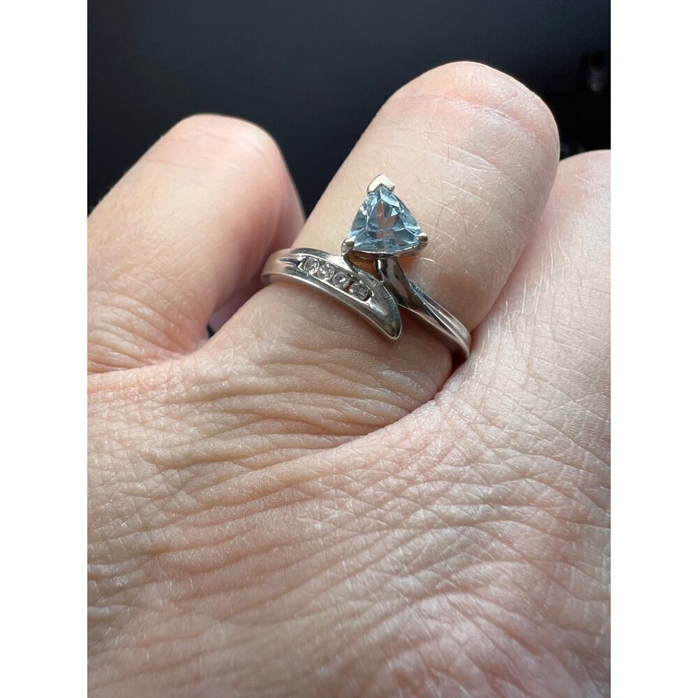 10k white gold Samuel Aaron trillion cut aquamarine and diamond ring size 6.5 - Picture 2 of 16